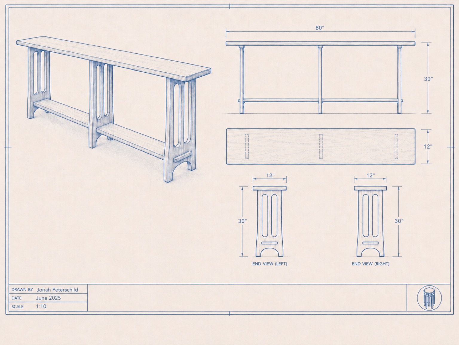 Shop drawing of Cherry console table