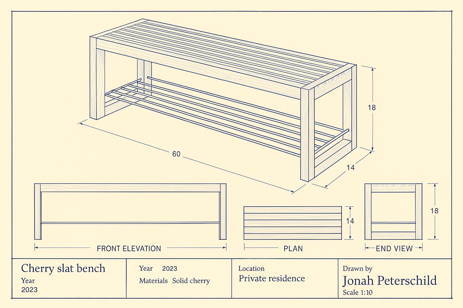 Shop drawing of Cherry slat bench