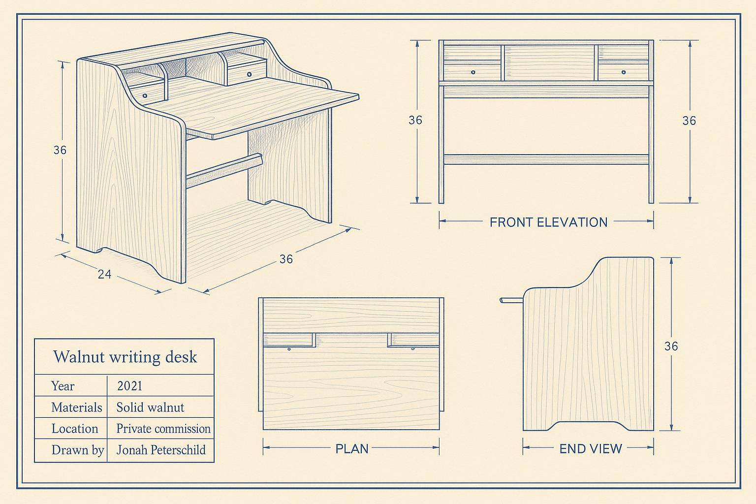 Shop drawing of Walnut writing desk
